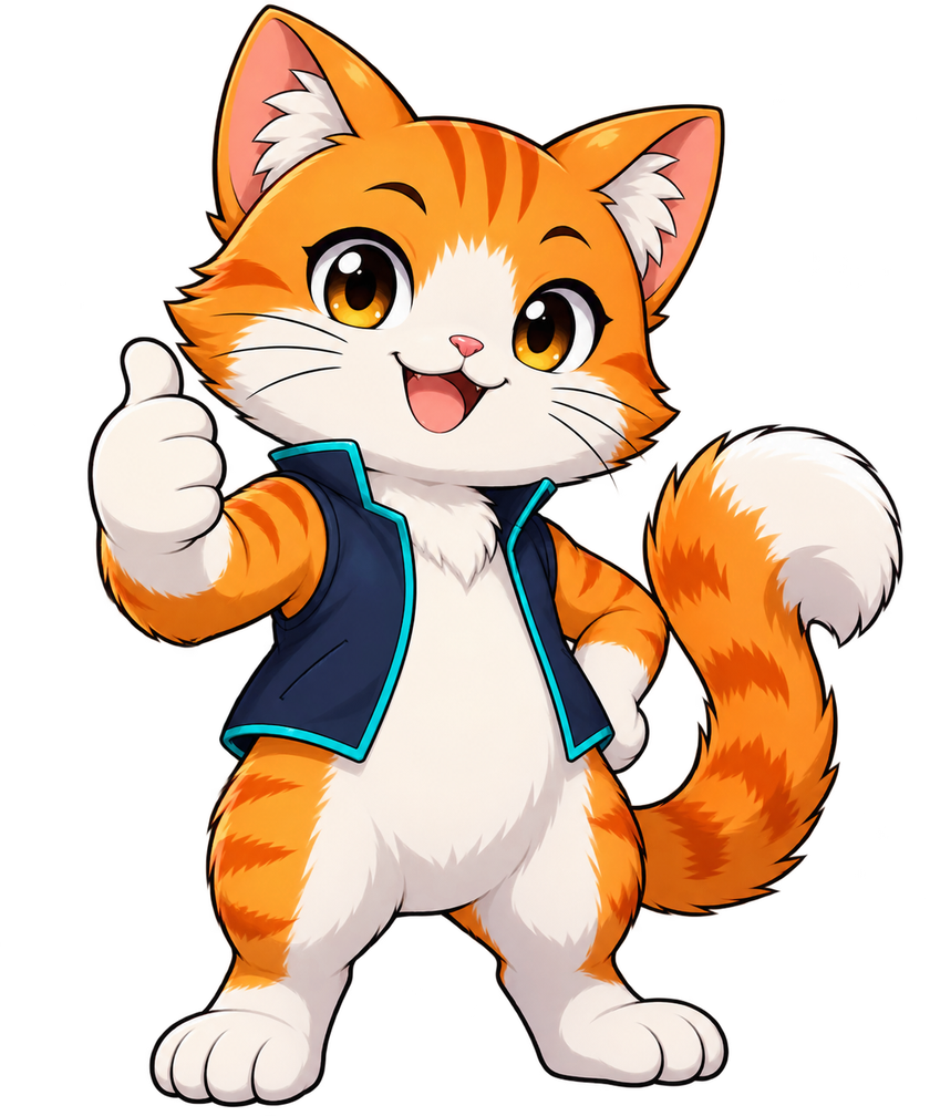 Orange cat mascot giving a thumbs up